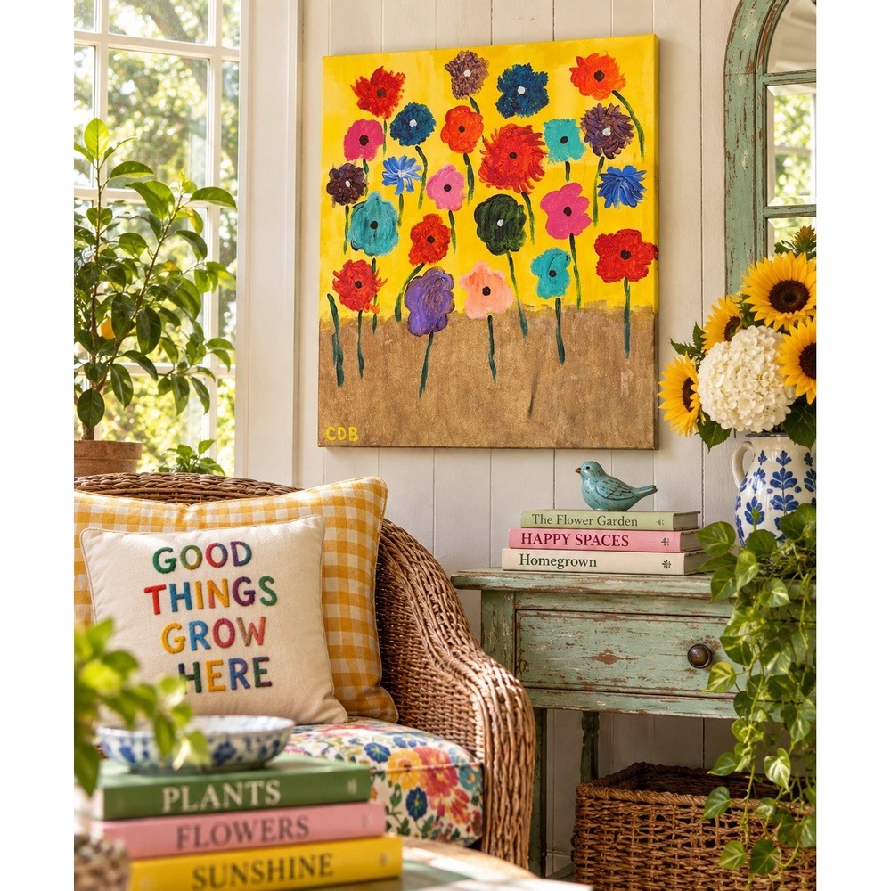 Original Folk Art Flower Painting 20x16 Colorful Floral Canvas Maximalist Signed